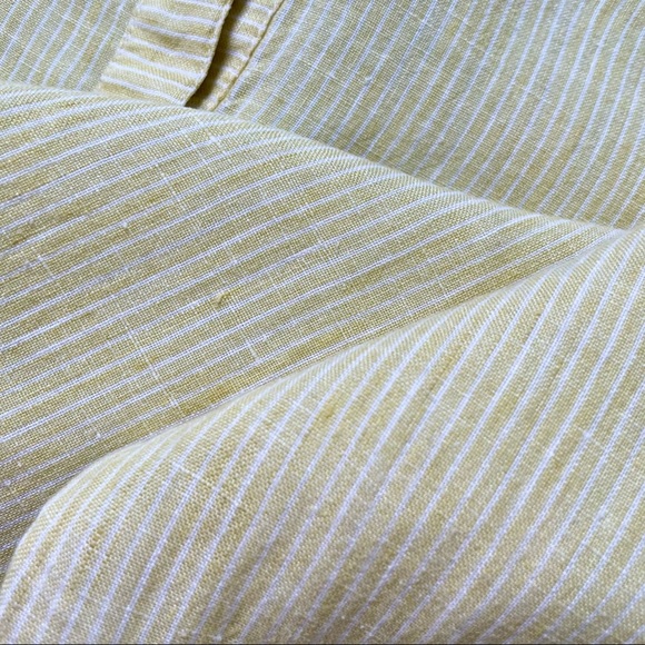 100% Linen Top Minimalist Large Buttery Yellow White Striped Casual Blouse Shirt - Picture 9 of 9